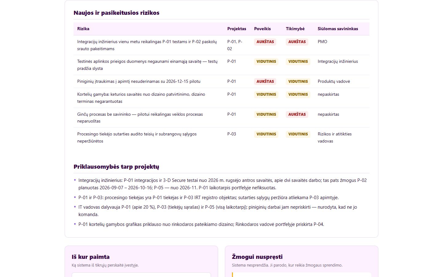 Risk register generated from one steering committee transcript, including a resource clash with another project that nobody raised in the meeting. Interface shown in Lithuanian, the team's working language.