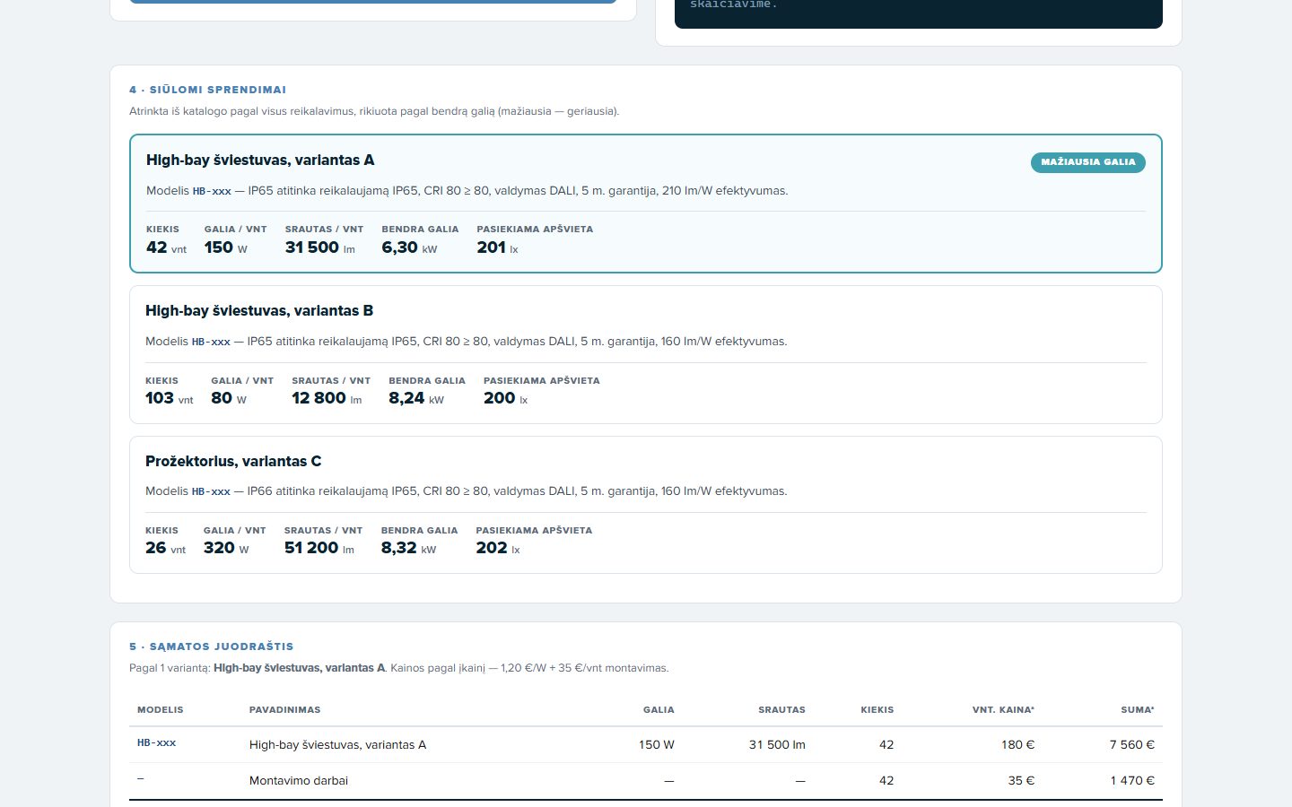 Three catalogue options that meet every requirement of a 4,000 m² warehouse request, ranked by total power, with the draft estimate below. Product names hidden; interface shown in Lithuanian, the team's working language.