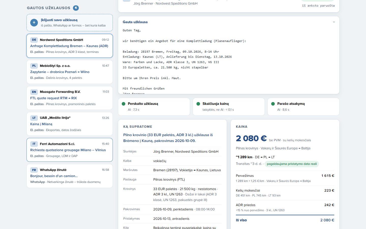 A German full-truckload request with ADR cargo