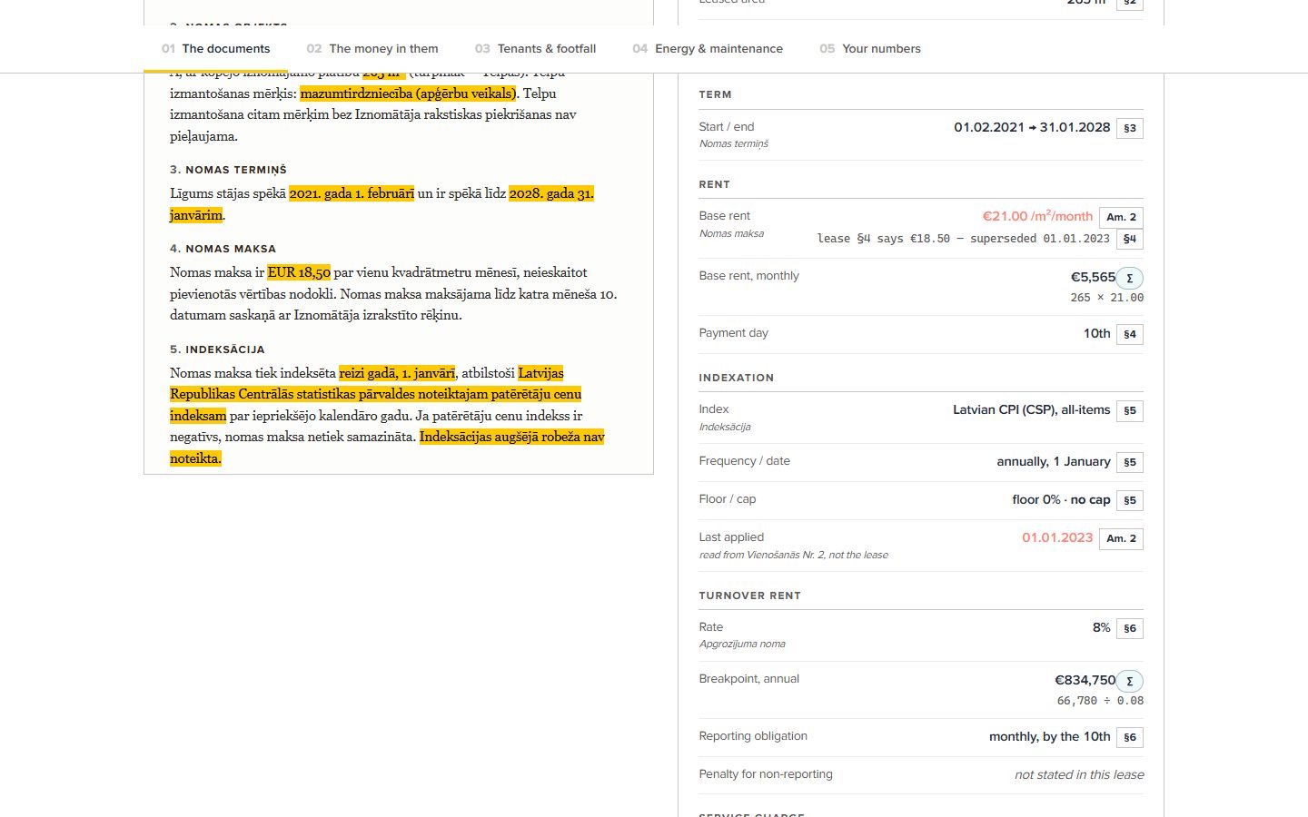 A Latvian lease clause highlighted on the left, the English fields on the right, each with its clause reference, a formula, or the amendment that superseded the original rent.