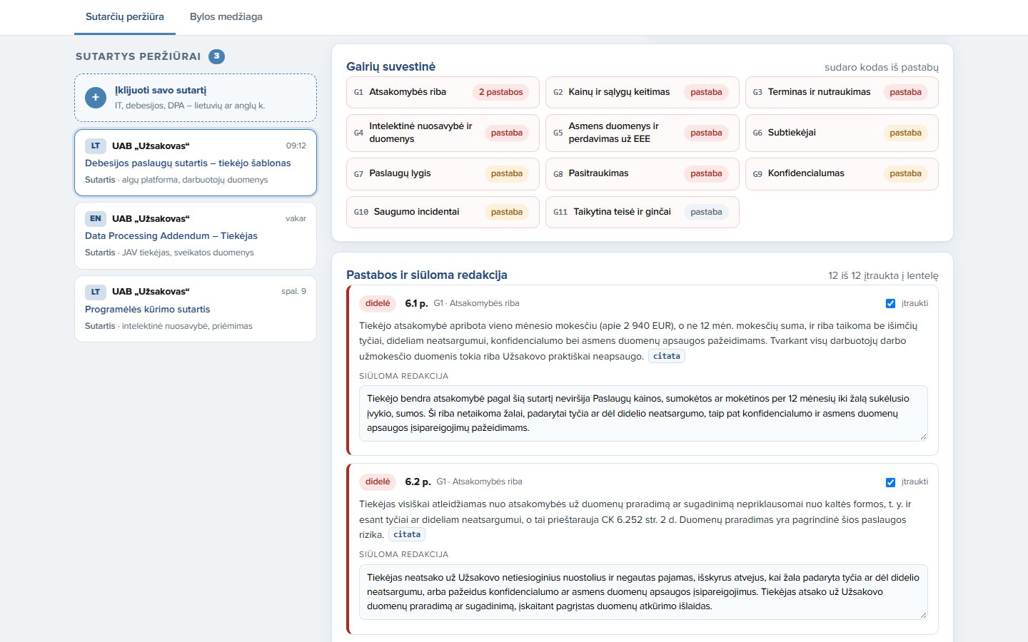 AI contract review of a cloud services contract: guideline summary and findings with risk levels, quotes and proposed wording