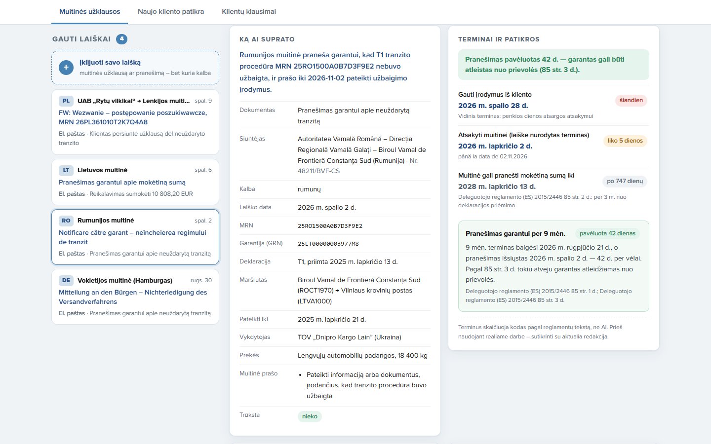 Customs correspondence automation: a Romanian notice to the guarantor with extracted fields, code-calculated deadlines and a late-notification flag